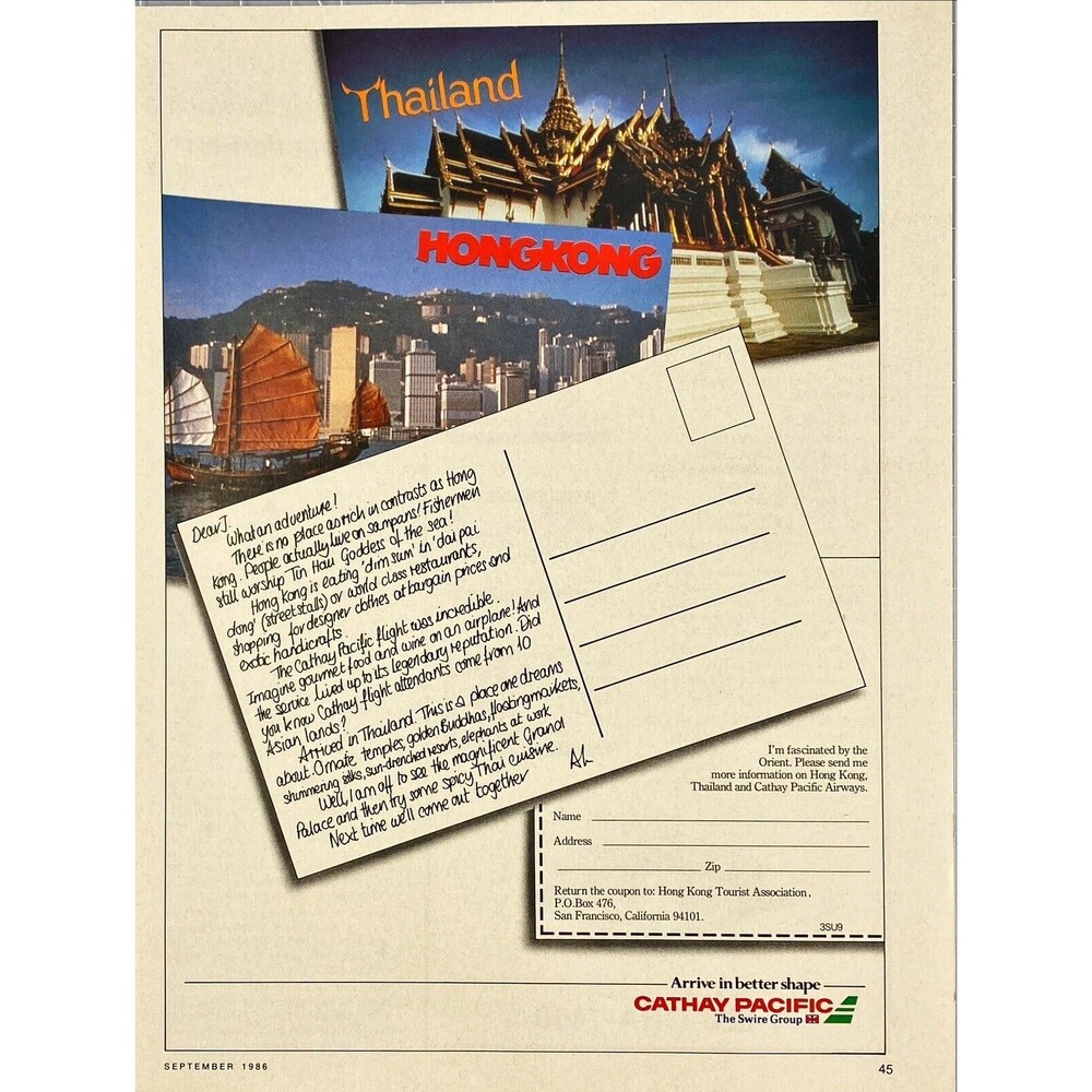 CATHAY PACIFIC Flights to the Orient Scenery Thailand Hong Kong Vt Print Ad 1986